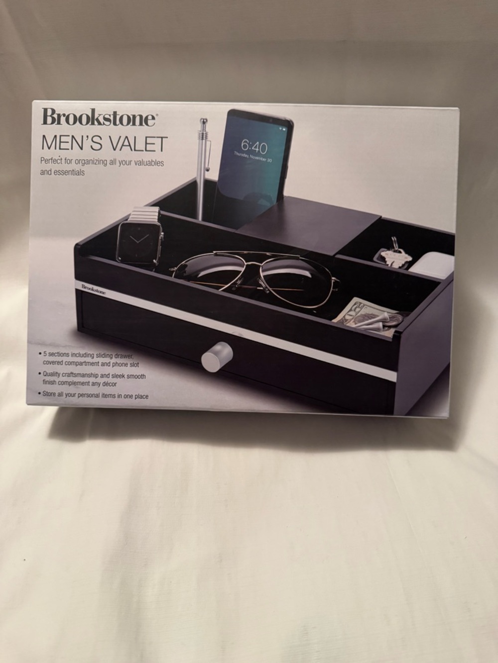 Brookstone Men's Valet Organizer, Black Wood Finish, 5 Sections